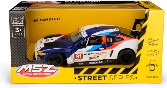 Modello di auto da corsa BMW M4 GT3 in scala 1:24 blu e bianco