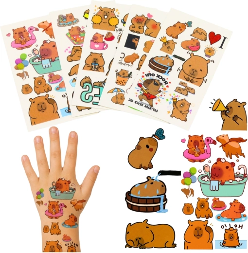 Set di tatuaggi temporanei lavabili per bambini capibara (10 fogli)