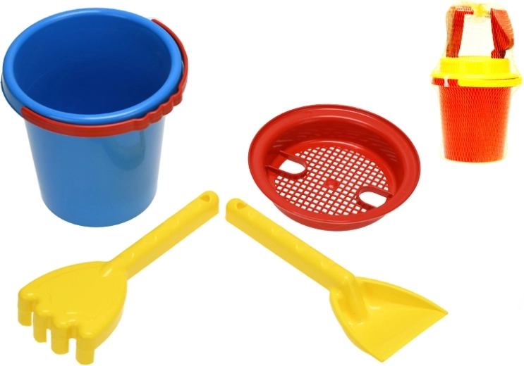Set da spiaggia per bambini in rete (secchiello, setaccio, paletta, rastrelli) 14 cm