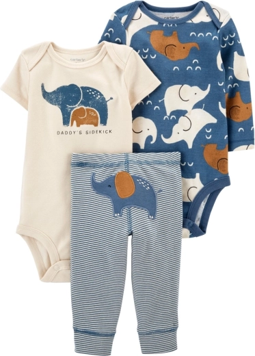 Set tre pezzi Carter’s per bambino Blue Elephant – body manica lunga e corta e pantaloni