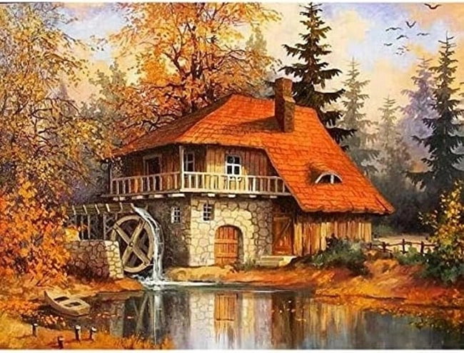 Pittura diamantata casetta con mulino in autunno 30 × 40 cm