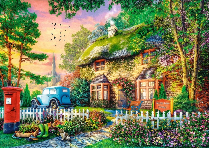 Puzzle TREFL Premium Plus: Ora del tè - Sleepy Lane Cottage 1000 pezzi