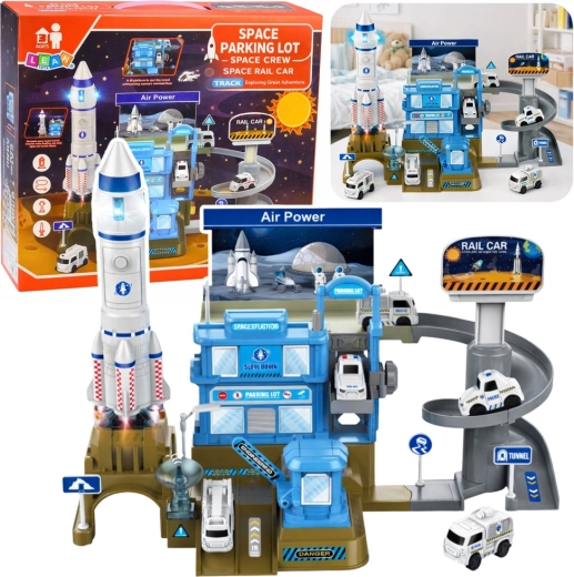 Stazione spaziale interattiva con razzo e parcheggio multilivello con luci e suoni