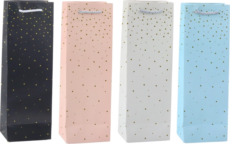 Borsa regalo di carta per bottiglia con punti dorati 35 x 12 x 9 cm