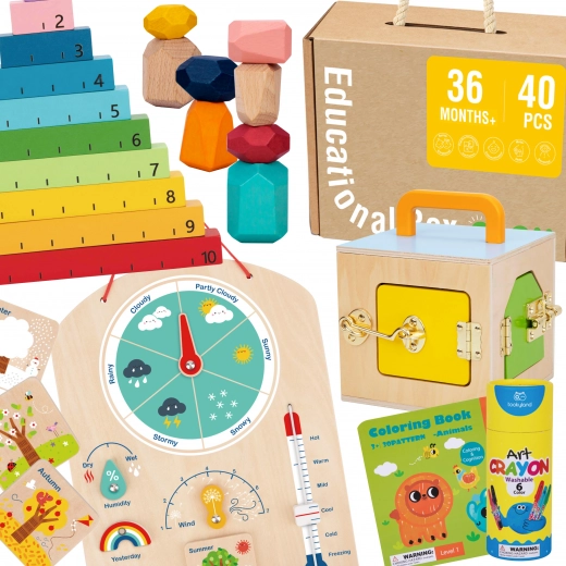 Tooky Toy montessori box educativo 6 in 1: box con serrature, pietre di equilibrio, tabella del meteo, conteggio 1–10, album da colorare e libricino