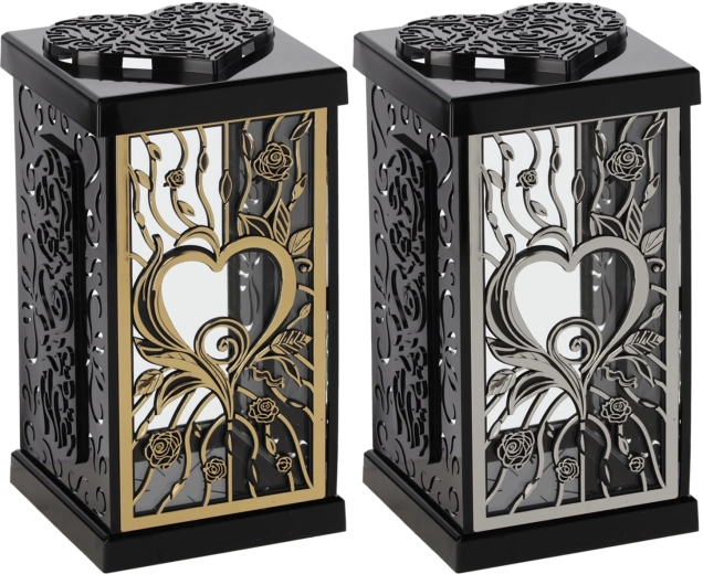 Lampione 30 cm con grande rosa, nero‑argento / nero‑oro