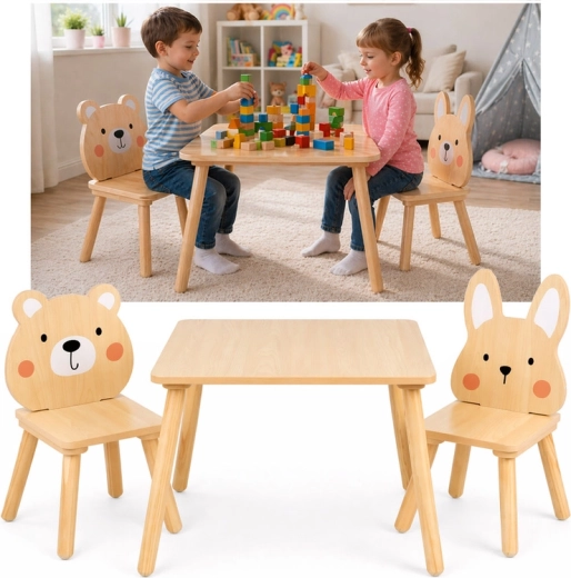 Tavolino in legno per bambini con due sedioline orsetto e coniglietto