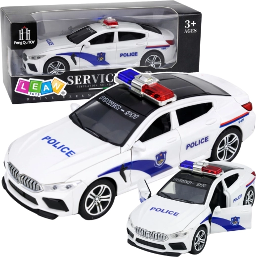 Auto della polizia con luci e suoni, porte apribili, bianco