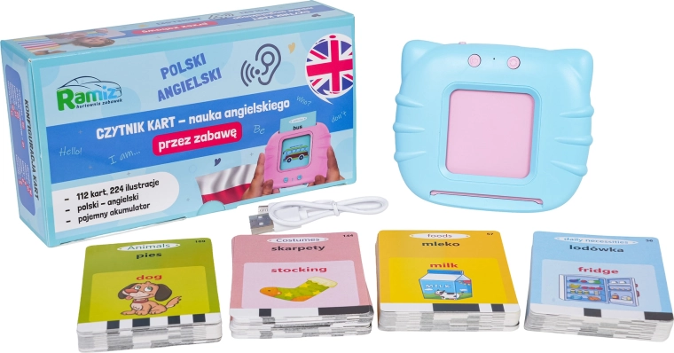 Lettore interattivo blu di schede educative per imparare l'inglese e il polacco