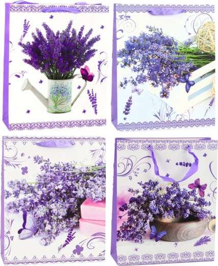 Borsa regalo di carta con motivo di lavanda 32 x 26 x 12 cm