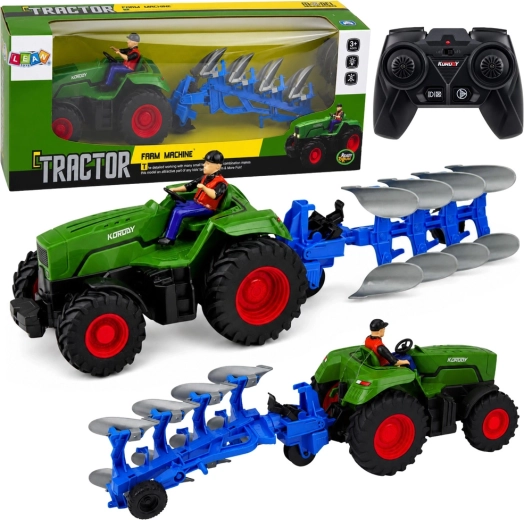 Trattore agricolo RC verde con aratro e contadino 1:24
