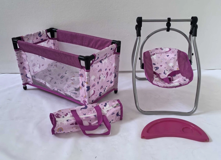 Set per bambole Unicorns – lettino da viaggio e seggiolina 2in1