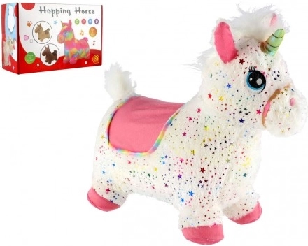 Cavalluccio saltellante in peluche a forma di unicorno con suoni, bianco con stelline