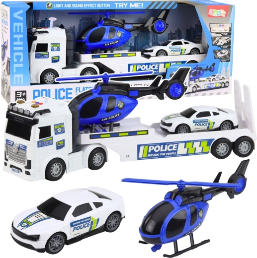 Camion di trasporto della polizia con autotrasportatore, auto ed elicottero con luci e suoni