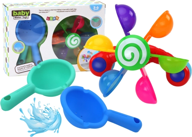 Giocattolo da bagno girevole con ciotole colorate e due cucchiai