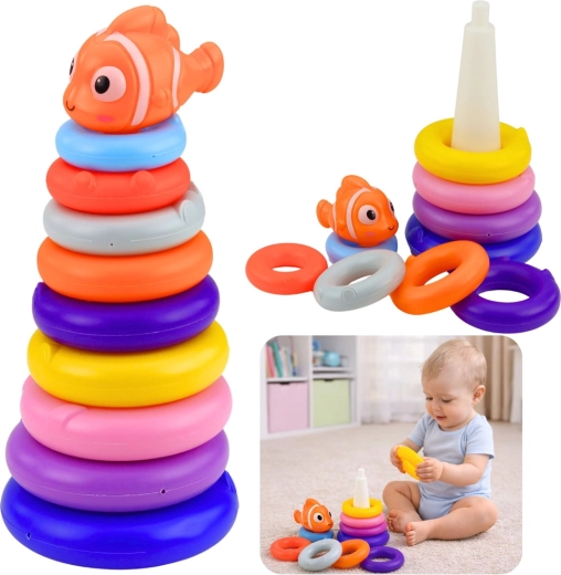 Torre educativa impilabile di anelli colorati con pesciolino, 10 pezzi