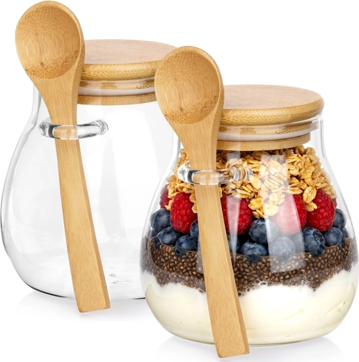 Bicchieri in vetro per yogurt e dessert con coperchio in bambù e cucchiaino, 440 ml, 2 pezzi