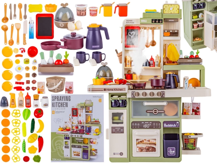 Cucina giocattolo multifunzione per bambini con effetto vapore e suoni, con forno, lavello e 104 accessori