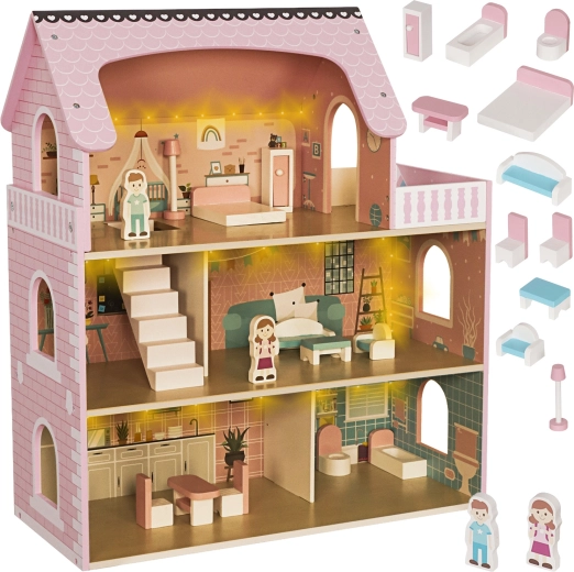 Kruzzel grande casa delle bambole in legno con illuminazione LED e mobili (3 piani)
