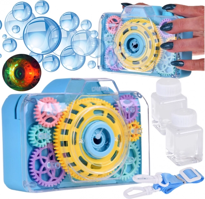 Fotocamera a bolle per bambini con ingranaggi visibili ed effetti luminosi – Blu
