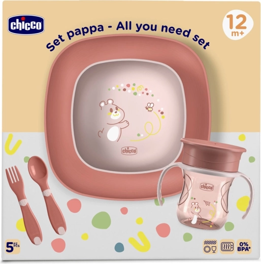 Set pappa Chicco per bambini con tazza 360° rosa 12m+