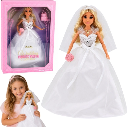 Bambola Anlily sposa in abito da sposa con paillettes, con velo, bouquet e torta - 1 pezzo