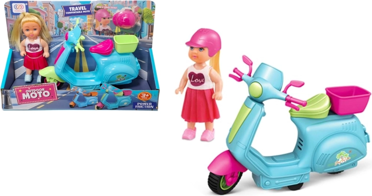 Bambola sul monopattino con cestino e casco