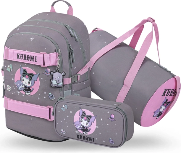 Set Baagl 3 Skate Kuromi Grey – zaino scolastico, astuccio e borsa sportiva (GRS)