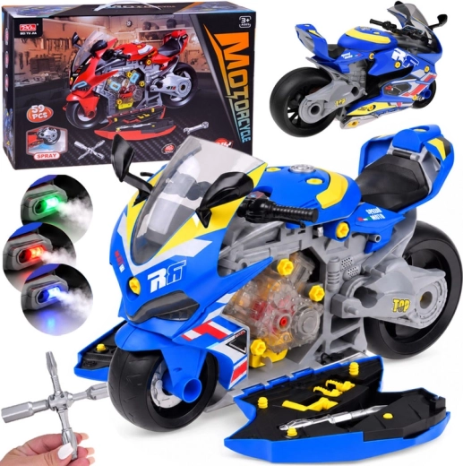 Moto da assemblare per bambini con officina, luci, suoni e nebbia