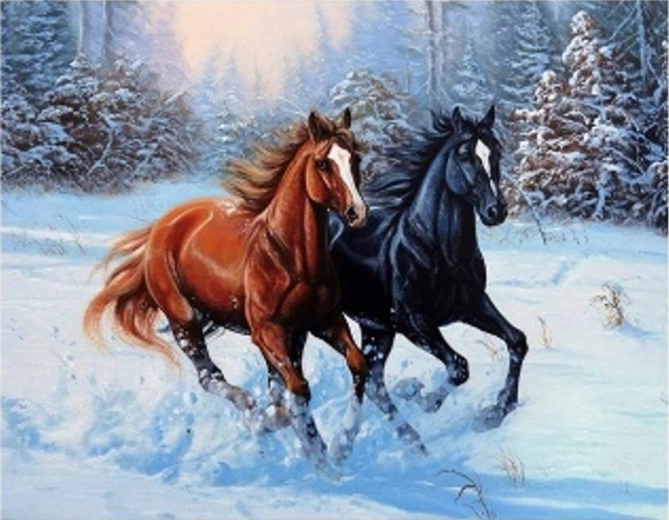 Pittura con numeri – cavalli al galoppo nella neve 40 × 50 cm