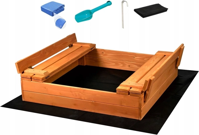 Sabbiera in legno con coperchio e panche BABY MIX 100 × 100 cm