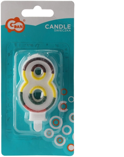 Candela di compleanno bianca numero 8 con bordo glitterato