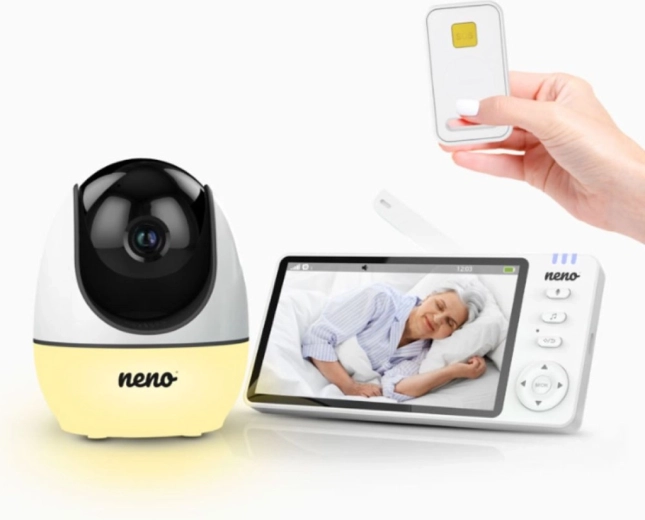 Neno baby monitor con tasto SOS Ti Amo, display da 5" e telecamera orientabile