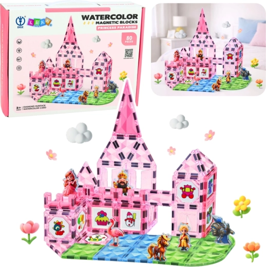 Set di costruzioni magnetiche Castello della Principessa, carte acquerello, 80 pezzi