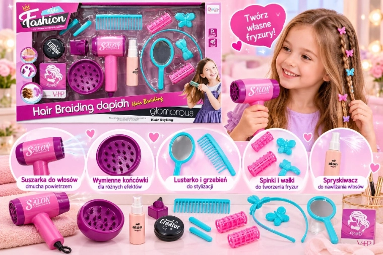 Set da parrucchiere per bambini con asciugacapelli elettrico e accessori