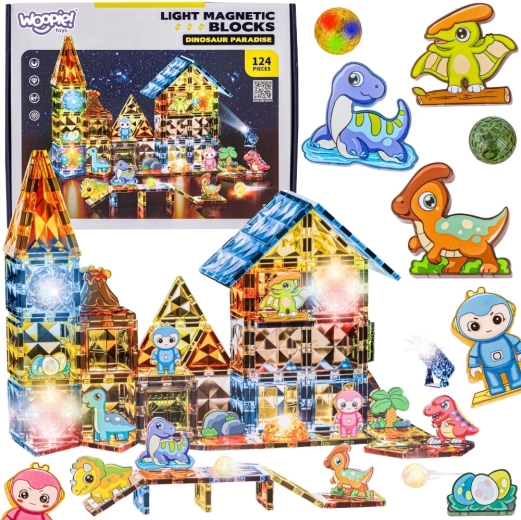 Set da costruzione magnetico luminoso Woopie parco dei dinosauri 3D, 124 pezzi