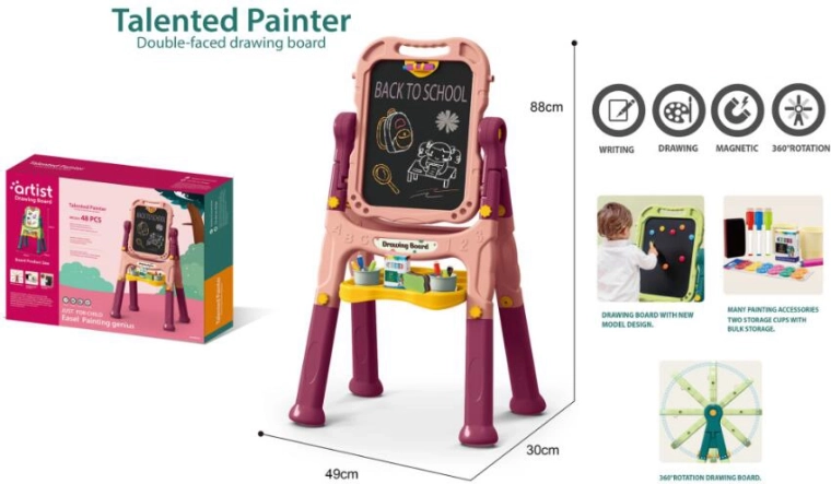 Lavagna artistica per bambini 48 pezzi – rosa, bifacciale con lato a gesso e magnetico