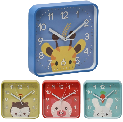 Orologio da parete quadrato per bambini 20,2 × 20,2 cm – mix di 4 motivi di animali