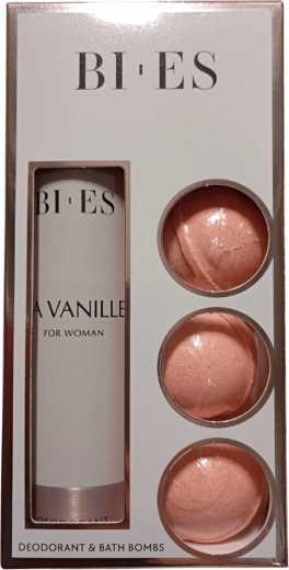 Cofanetto regalo BI-ES La Vanille per donna – 3 bombe frizzanti da bagno + deodorante spray