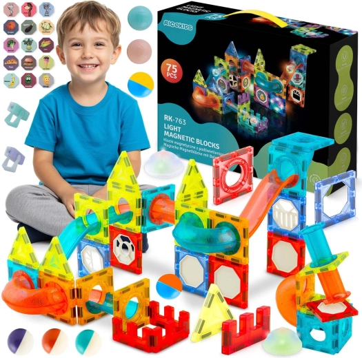 Ricokids costruzioni magnetiche luminose – pista per biglie XL (70+ pezzi)
