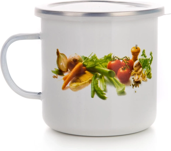 Tazza smaltata con decoro di verdure 0,7 l con coperchio in plastica