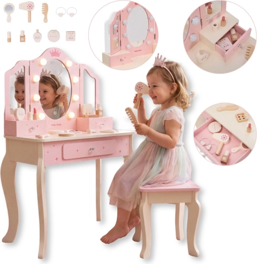 Toeletta per bambini in legno Milly Mally Queen Pink con specchio LED
