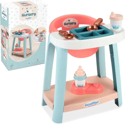 ecoiffier nursery set per l’alimentazione delle bambole con seggiolone e accessori, 7 pezzi
