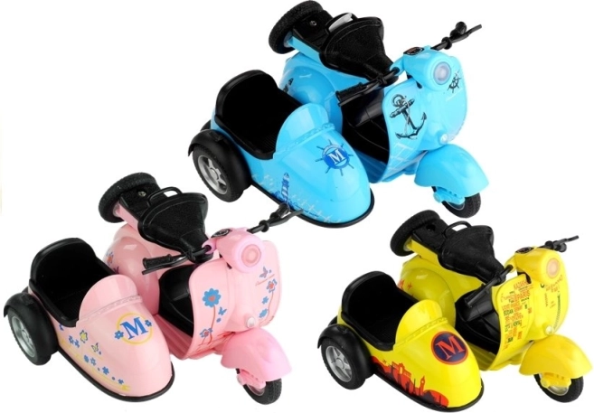 Modello in metallo di scooter con sidecar 1:14 con luci e suoni, 3 colori