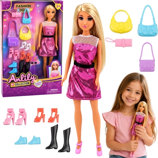 Bambola Anlily in abito rosa con set di borse e scarpe