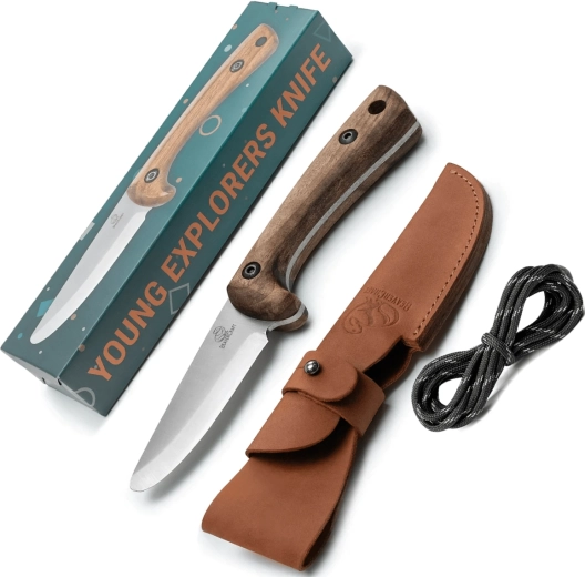 Coltello bushcraft per bambini con lama blu in acciaio al carbonio e fodero in pelle