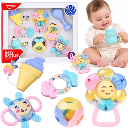 Set pastello di sonagli e massaggiagengive 2 in 1 per neonati – 8 pezzi