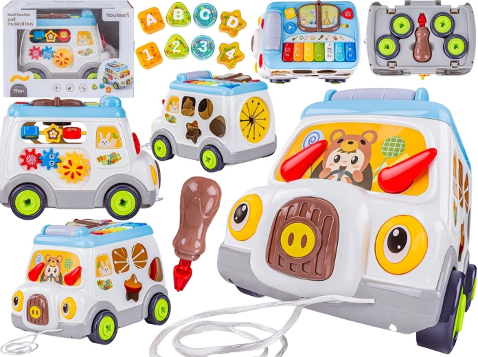 Autobus educativo multifunzionale per bambini – da trainare, pianolino, incastri e avvitamento