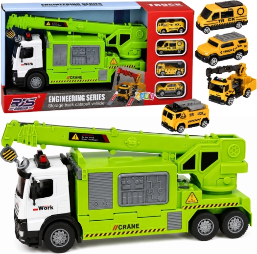 Camion gru verde per bambini con trasportatore di auto, luci e suoni (4 veicoli)
