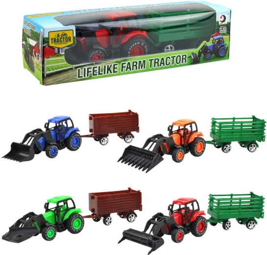 Trattore agricolo con caricatore frontale e rimorchio 9 cm in scatola - 1 pezzo